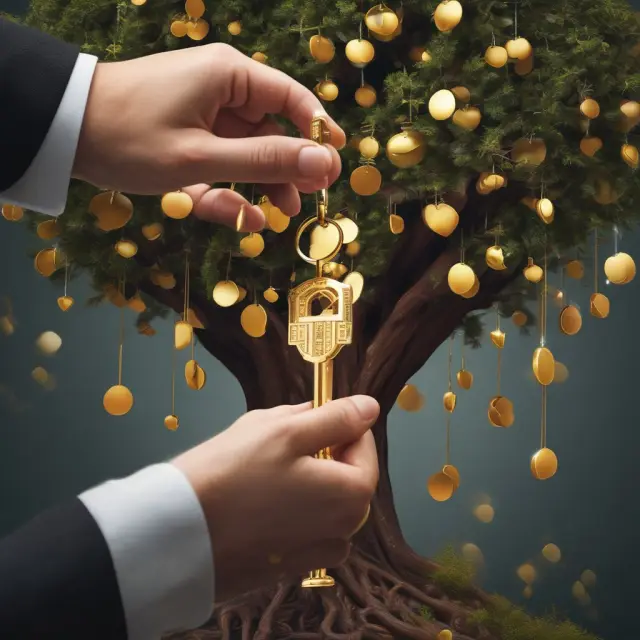 Golden keys in hand, employee unlocks conditions on a tree adorned with dividends