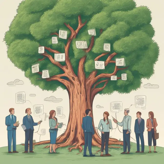 Employees and a flourishing tree symbolizing shareholder value, representing the benefits of long-term incentive plans.