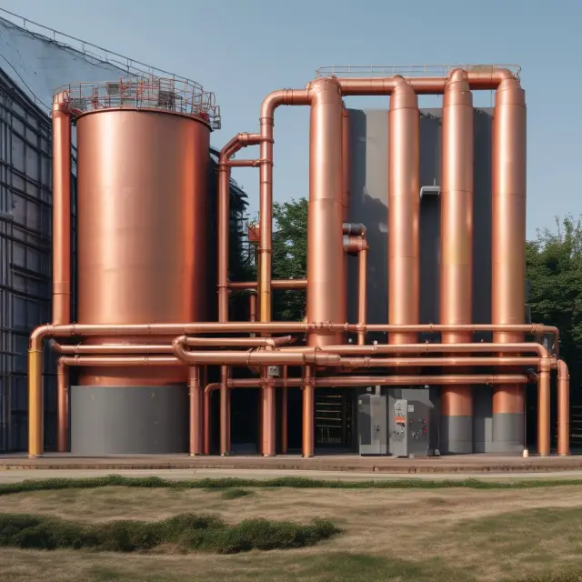 Factory protected by long hedges, with copper pipes symbolizing commodity flow and financial protection