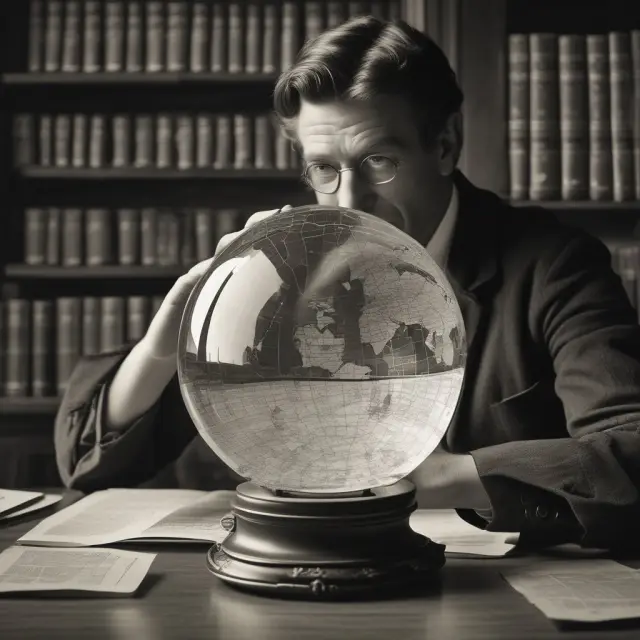 Time Traveler examining economic trends through a crystal ball filled with longitudinal data, demonstrating its importance in finance and economics