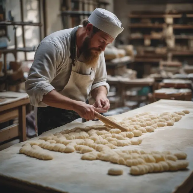 Artisan baker intricately rolling out long jelly dough between two surfaces, symbolizing constructing a complex long jelly roll option strategy