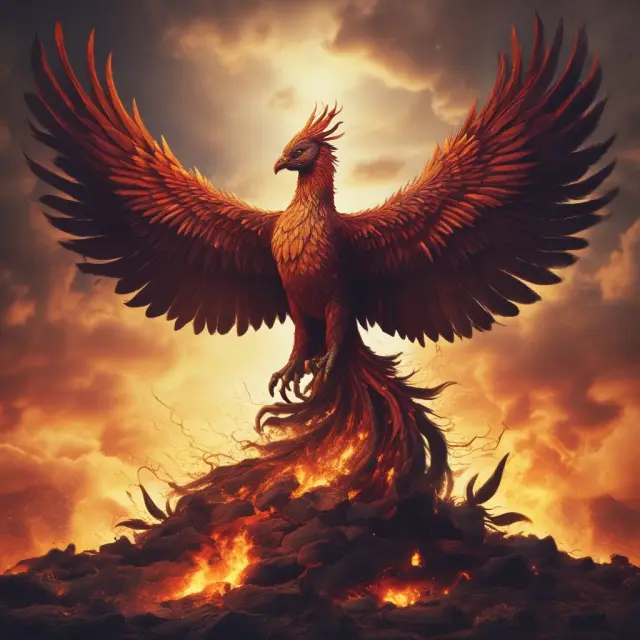 Phoenix rising from ashes, representing businesses