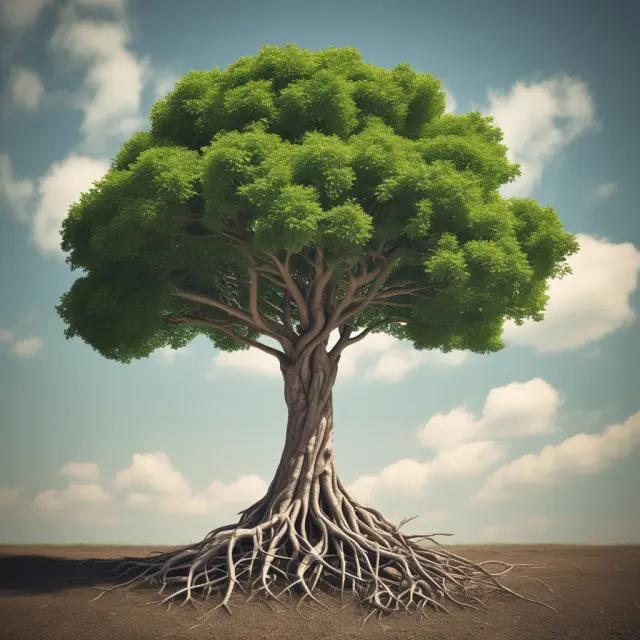 A metaphorical tree symbolizing economies of scale, with roots representing cost savings and branches displaying improved efficiency and competitive advantage