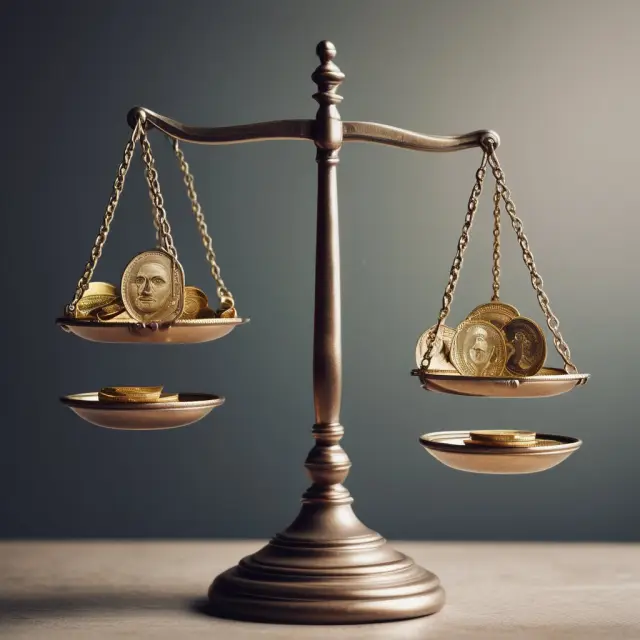 Scales illustrating long/short equity investment strategy, with rising coins symbolizing undervalued stocks and falling coins representing overvalued securities.