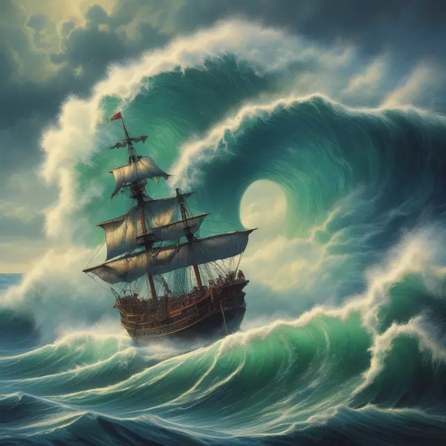 Volatility waves, represented by ocean waves, collide with a trader aboard a surfboard holding long straddle option contracts