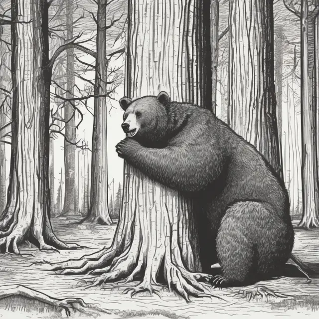 A bear holding a long call option as a protective shield in front of a volatile stock tree, symbolizing the use of synthetic puts for risk management
