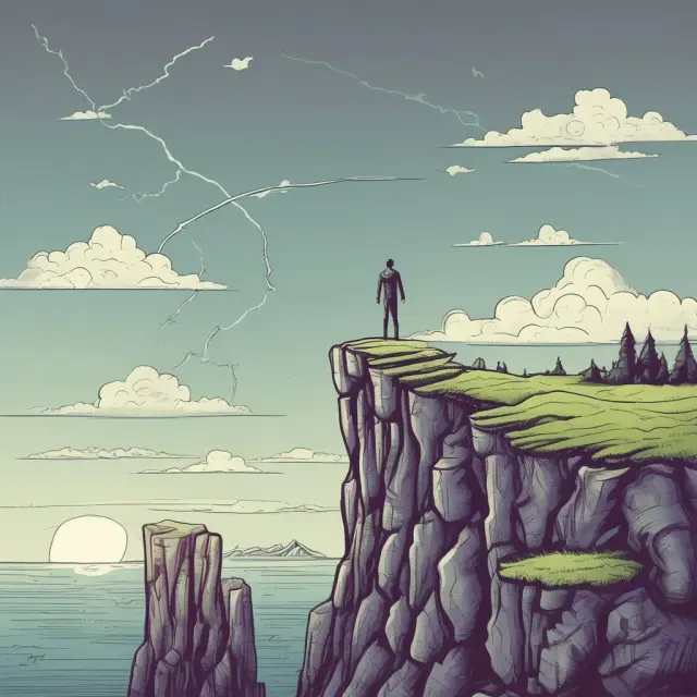 An investor cautiously managing risk atop a cliff overlooking volatile financial markets with the help of a synthetic put strategy.