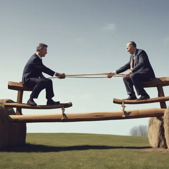 Insurance giants balancing on a seesaw, with one side representing short-term gains and the other long-term risks. Long-tail liabilities are symbolized by weights on each end.