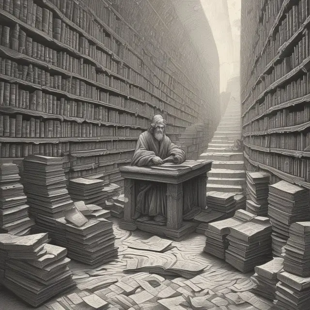 An elderly librarian carefully organizes documents and files in a maze-like library, symbolizing the importance of proper record keeping for long-term liability management.