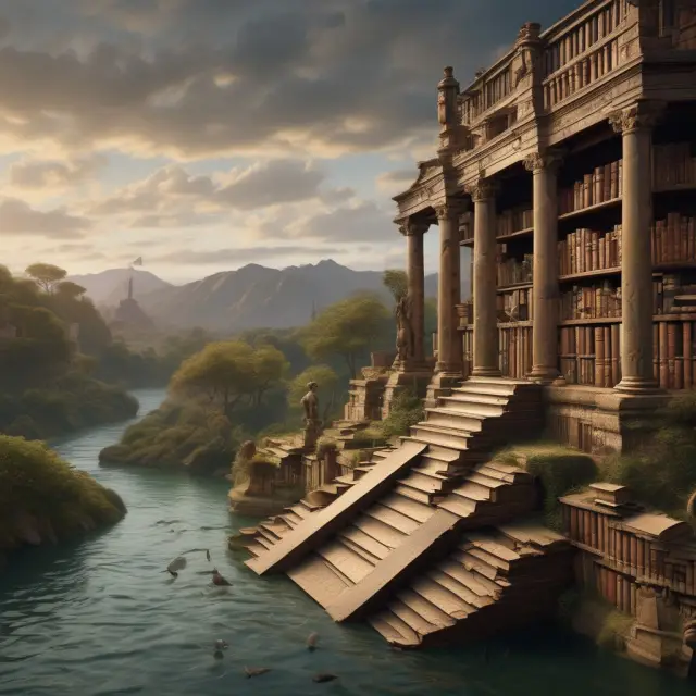 A sprawling library with books on long-tail liabilities by a river, representing the extensive research and time required to manage such claims