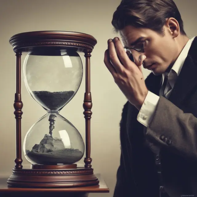 Time traveller examining hourglass and crystal ball, representing short-term and long-term investments, respectively.