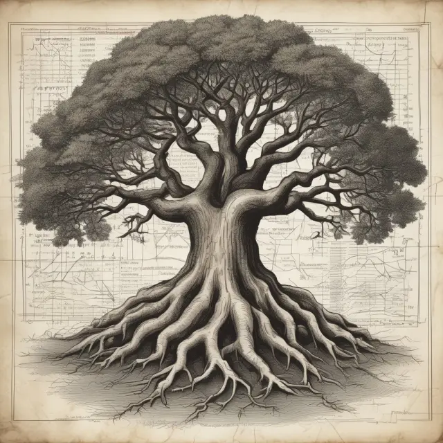 An ancient tree with intertwined roots and stock charts illustrates the long-term commitment to riding out market volatility
