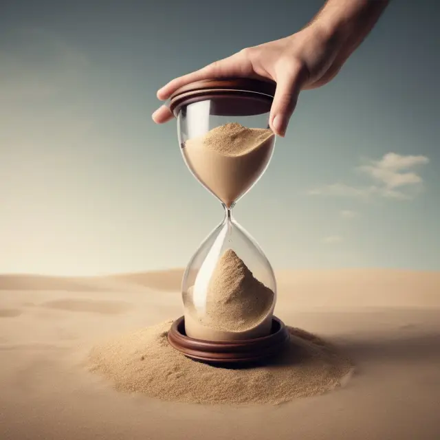 An investor holding a hourglass with sand running out slowly, illustrating long-term investment commitment and less liquidity.