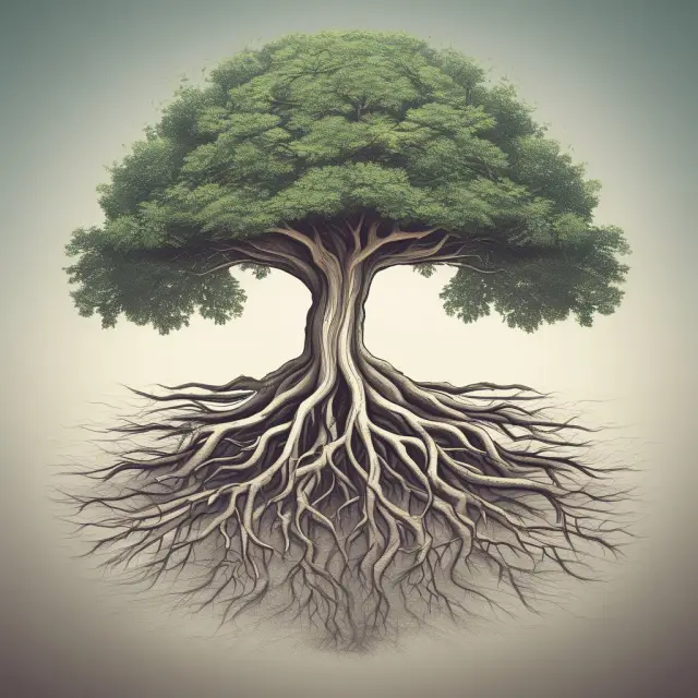 A tree symbolizes long-term assets with deep roots representing tangible assets and branches as intangible assets driving growth