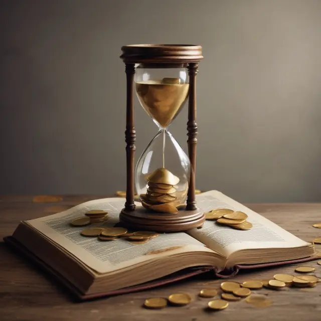 An hourglass with gold coins symbolizing long-term assets and a flowing river of coins representing depreciation.