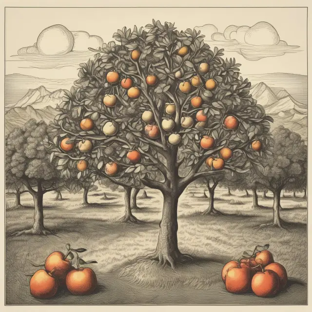 Imagery of a thriving orchard representing the interconnection between long-term investments (branches) and short-term resources (fruits), emphasizing their role in business growth.