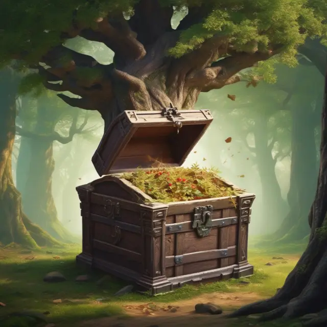 A growing tree drawing sustenance from a hidden, ornate treasure chest representing long-term assets on a balance sheet