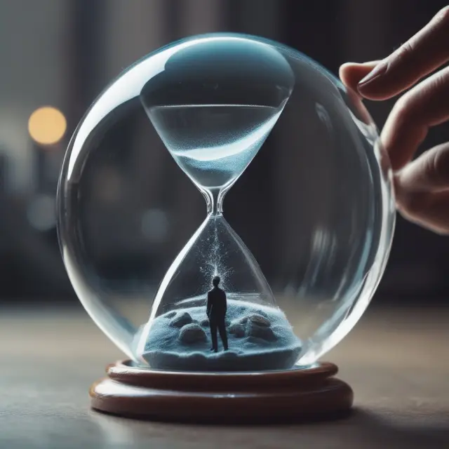 An investor holding a crystal ball depicting long-term gains, while balancing on one foot next to a sandglass, symbolizing uncertainty and time.