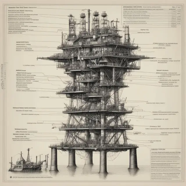 Golden oil rigs and drilling machines symbolize Exxon