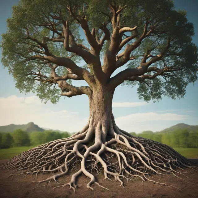 Tree symbolizing long-term assets, with roots representing investments and branches showing growth