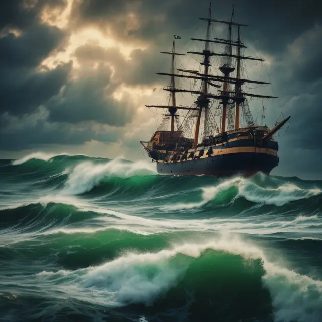 An enormous, once-mighty LTCM ship battling a treacherous sea of Russian debt and financial instruments, illustrating the impact of the LTCM crisis