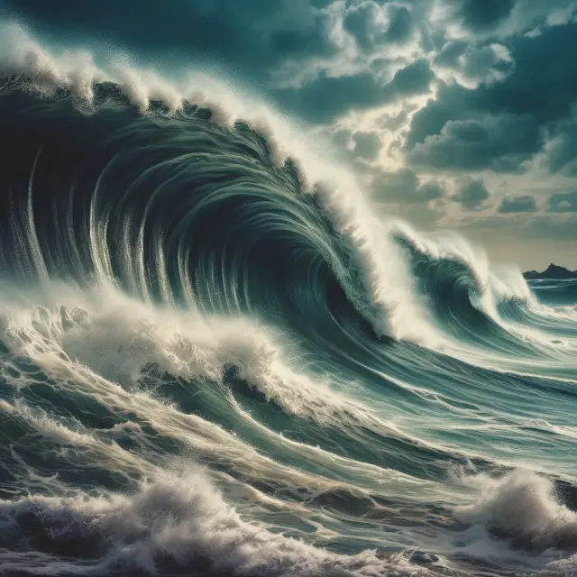 A giant wave symbolizing financial instability threatening global markets, calmed by central bank interventions in the form of anchors and shields