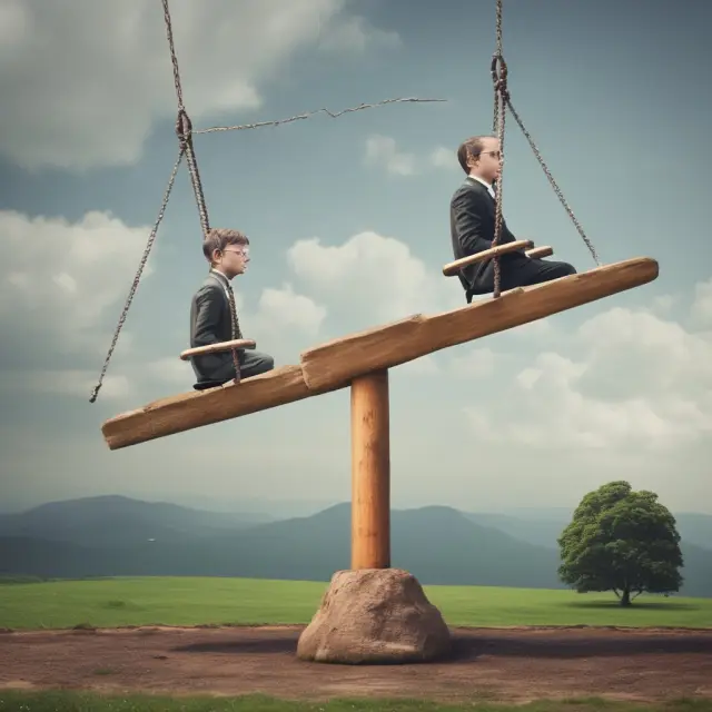An image of a seesaw representing ethical balance between investors and regulators within hedge funds. Ethical practices, transparency, and regulatory oversight maintain equilibrium.
