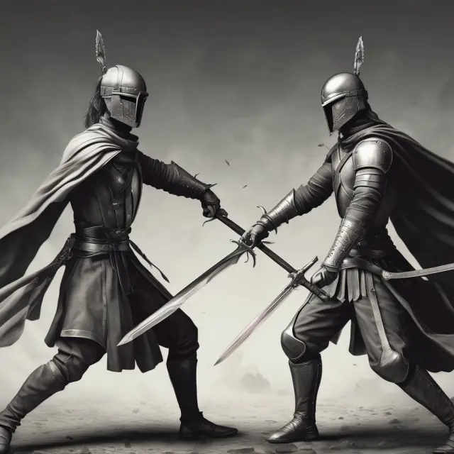 Two swords representing long-term debt (left) and equity financing (right) clash in a metaphorical duel, illustrating their differences