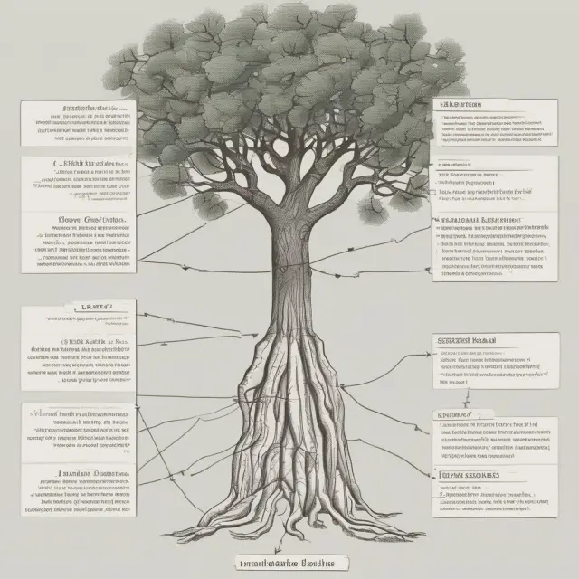 Visualizing financial accounting for long-term debt: a bond issuance tree with branches dividing into short-term liabilities and assets, emphasizing the balance sheet