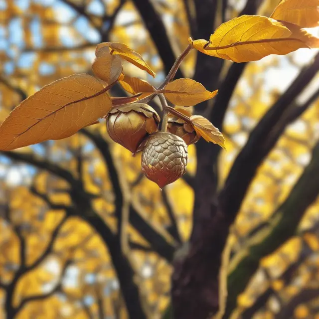 A golden acorn atop a towering tree made from interconnected stock symbols, illustrating the concept of long-term growth investing.