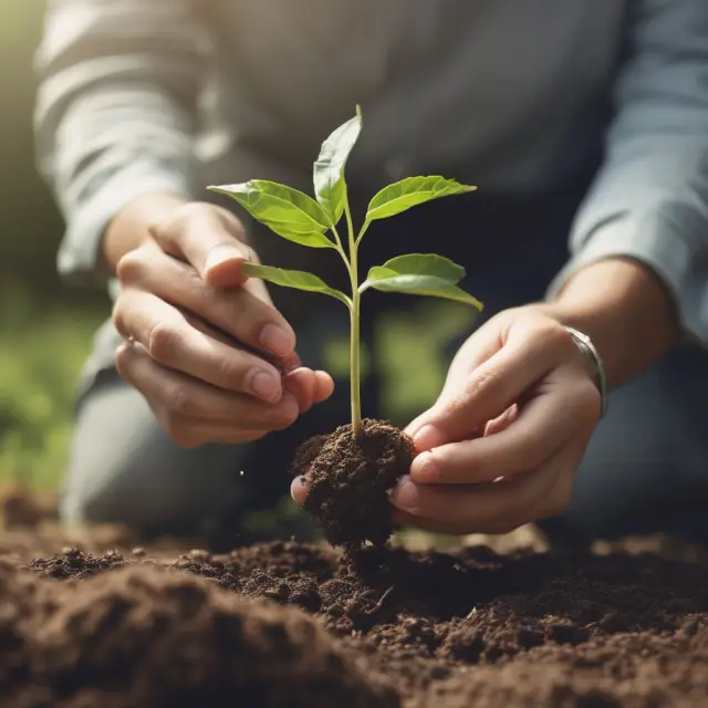 A patient investor caring for a small tree representing long-term investment growth. The image signifies commitment and patience as the tree eventually matures into a significant, fruitful asset.