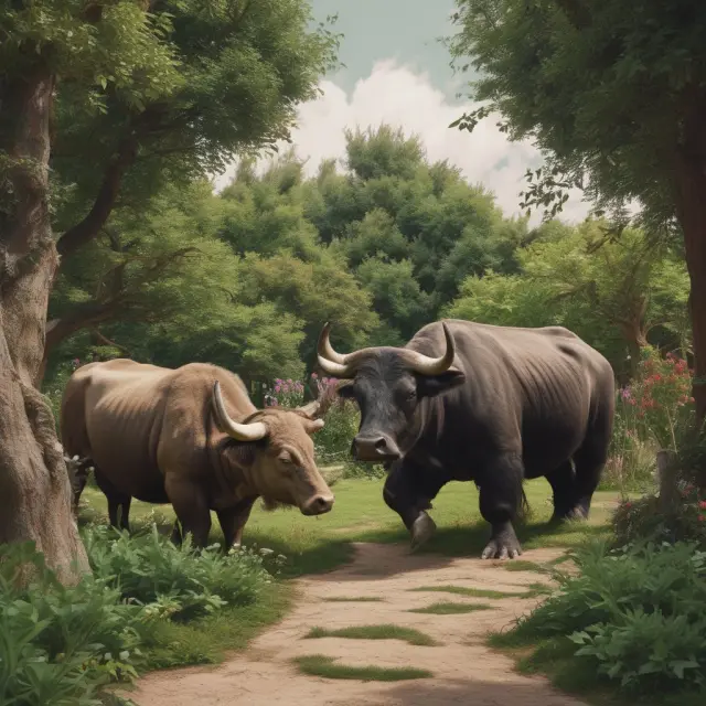 An image of a bull and bear strolling in a time garden, symbolizing the fluctuating nature of long-term growth investments