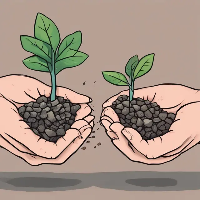 Two hands planting seeds: one in a fertile soil (Long-Term Growth) and the other in a gemstone (Value Investing), symbolizing their unique investment strategies and growth potential.