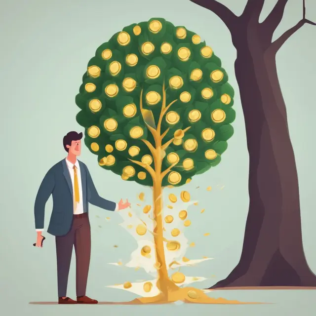 An investor tends to a tree with gold coins as leaves, representing long-term gains. The investor harvests some leaves (losses) to pay taxes (mortar), maintaining growth and tax efficiency.