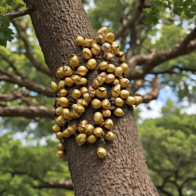 A nest filled with golden acorns transforming into mature oak trees, representing the power of long-term growth investments in retirement planning