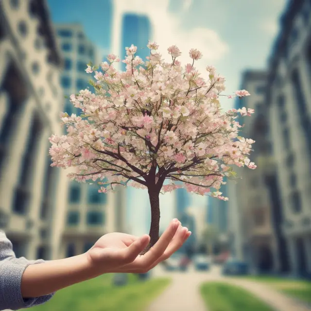 Hand holds a sapling representing long-term investment strategy, growing into a large tree with branches of various companies