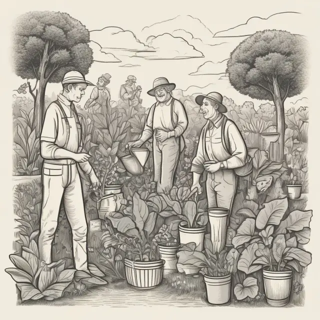 Five gardeners each tend to their unique areas of a lush garden symbolizing diversification, asset allocation, dollar-cost averaging, value investing, and passive indexing in long-term investing.