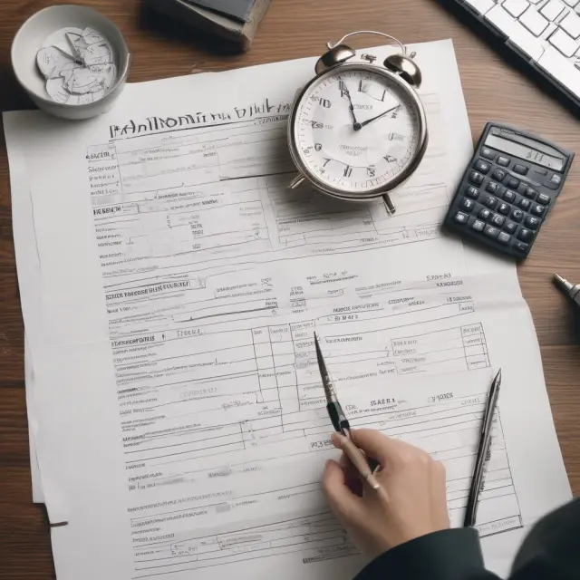 An accountant examining the long-term debt section of a balance sheet while sitting on a time-traveling chair