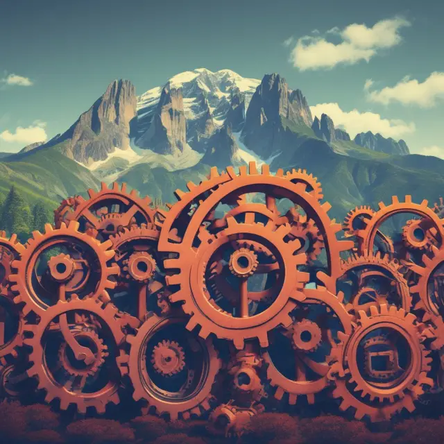 A scene of various gears symbolizing financial ratios with a towering mountain representing long-term liabilities in the backdrop