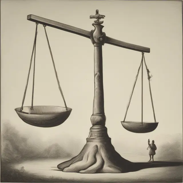 A balance scale with ethical principles on one side and legal technicalities on the other, teetering in decision