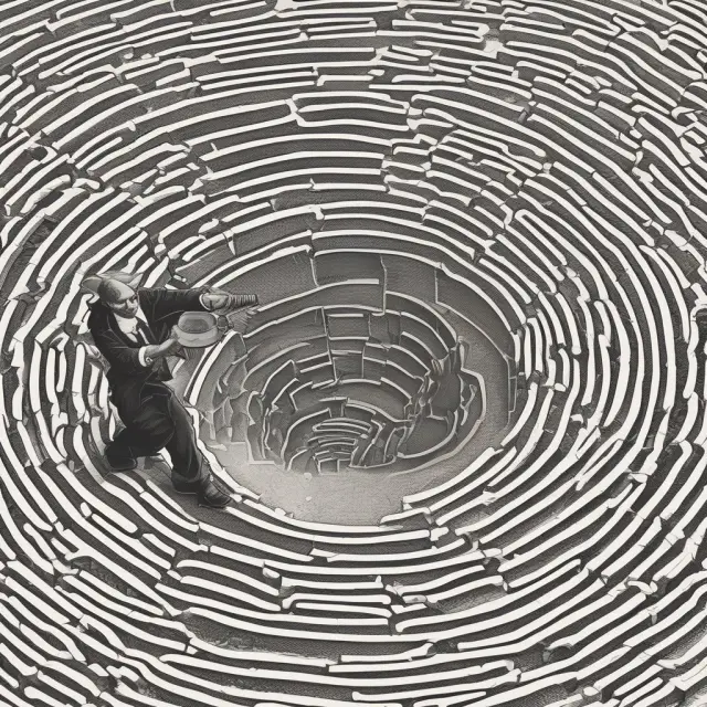 A small investor examines a complex financial maze to find hidden investment opportunities represented by loopholes