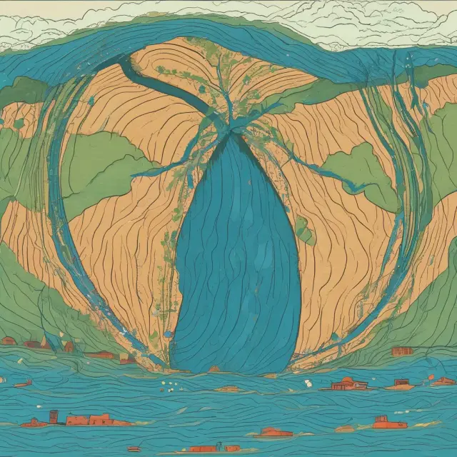Two interconnected rivers symbolizing Lorenz curve (shape) and Gini coefficient (ratio), reflecting income distribution analysis