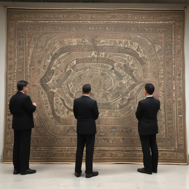 Officials and scholars examining a Lorenz curve tapestry depicting wealth distribution, revealing inequality patterns