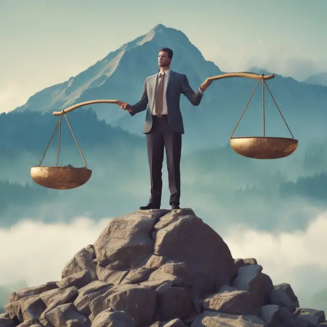 An investigator atop a mountain of insurance claims balances a scale of justice while holding a bag labeled