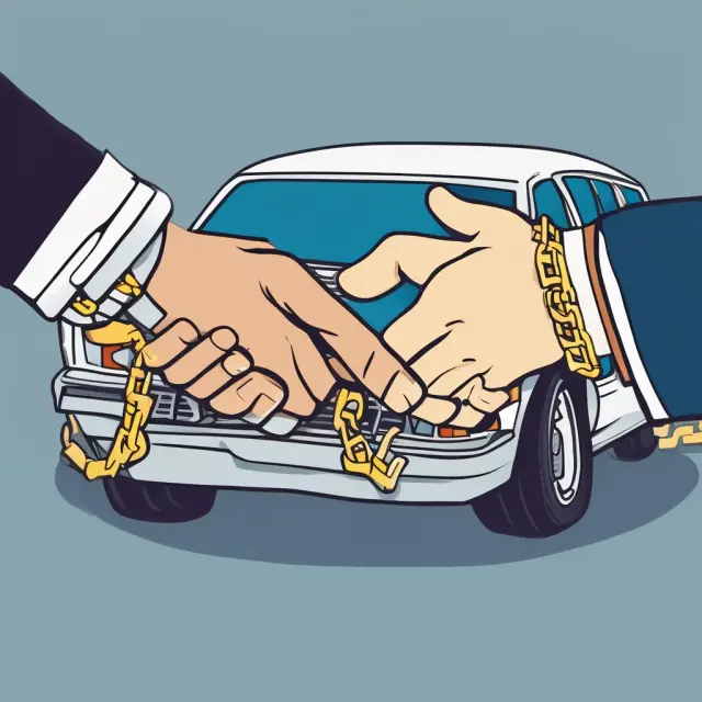 An image of a lender and insurer shaking hands over a gold car, emphasizing their partnership for loss payee security