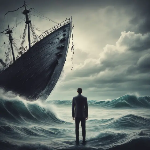 An image of a sturdy lender figure standing against a backdrop of a sinking ship, representing the importance of correctly listing loss payees for financial security and loan protection