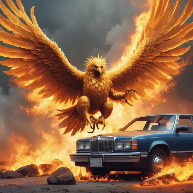 A lender, represented by a golden phoenix figure, receiving an insurance check after a flaming vehicle wreck