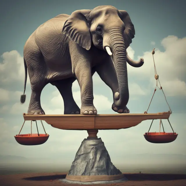 Elephant symbolizing an insurance company precariously standing on a scale with high claims, demonstrating potential financial instability.