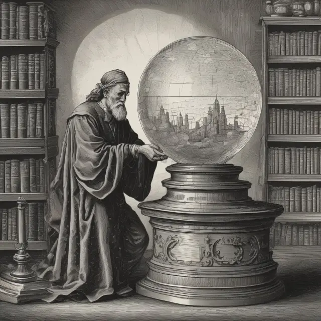 An image of an old actuary examining a crystal ball filled with swirling data, symbolizing the prediction and estimation of future loss reserves for the insurance industry