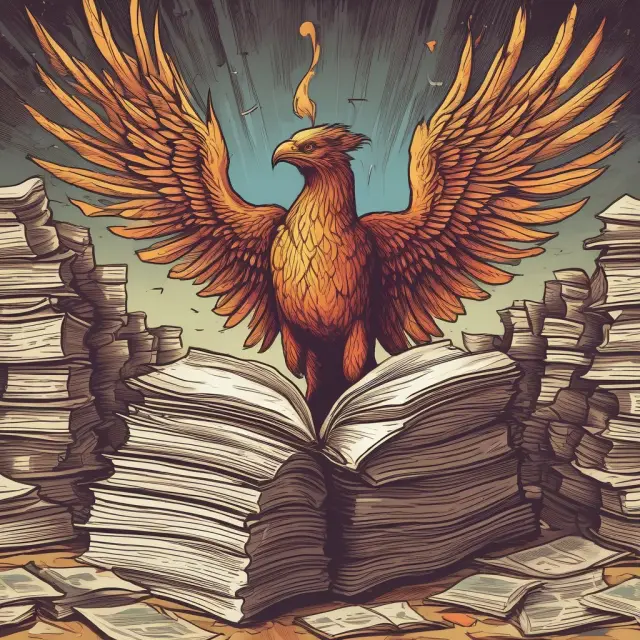 A phoenix rising from open accounting books with tax dollars saved